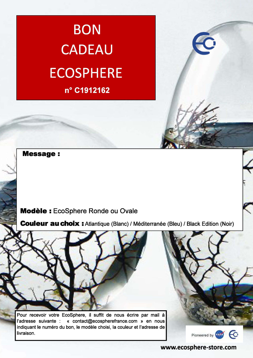 Bon Cadeau EcoSphere Ronde 13 cm ou Ovale 19 cm